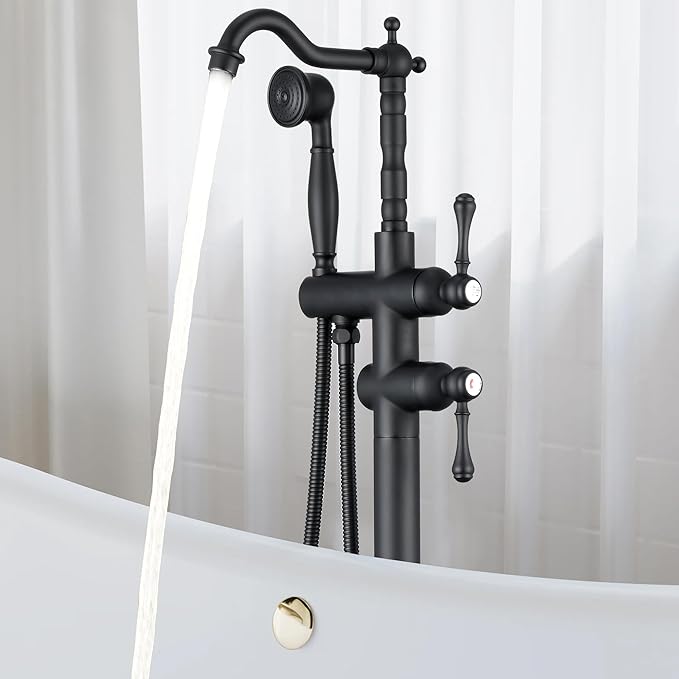 Freestanding Tub Faucet Sets, JetsBath Floor Mount BathTub Filler with 360° Swivel Spout & Handheld Sprayer, Matte Black Floor Mount Bathtub Faucet Single Handle with Supply Hose