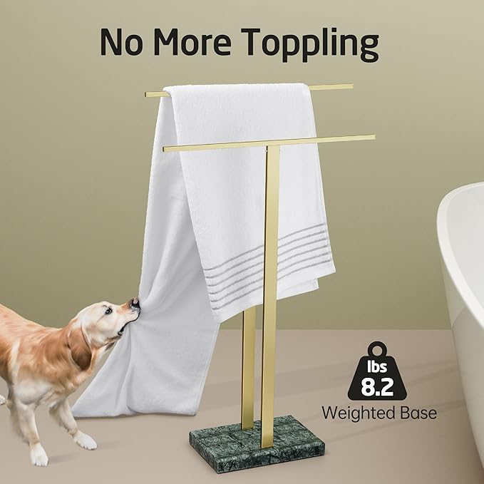 KES Standing Towel Rack with Green Natural Marble Base, 2-Tier Luxury Bath Towel Holder Stand for Bathroom Floor, Fits Bath Towel & Hand Towel, 18/8 Stainless Steel Brushed Gold, BTH217-GBZ