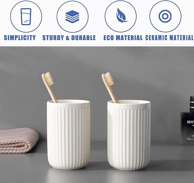 Toothbrush Holders - 2 Cup Ceramic Toothbrush Toothpaste Holders Set, Beige Bathroom Tumbler Cups Reusable Toothbrush Mouthwash Cup, Bathroom Counter Organizer