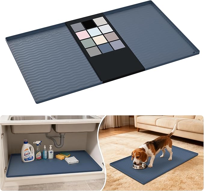 URMONA Waterproof Silicone Under Sink Mat 37'' x 22'' Shelf Liner for Kitchen and Bathroom, Cabinet and Counter Protector, Storage and Organizers, Litter Mat, Pet Cat Puppy Essentials(Dark Grey)
