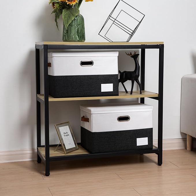 PRANDOM Foldable Storage Bins with Lids [3-Pack] Fabric Collapsible Storage Boxes Baskets Cubes Containers with Handles for Closet Living Room Bedroom (Black & White 17.7x11.8x11.8'')