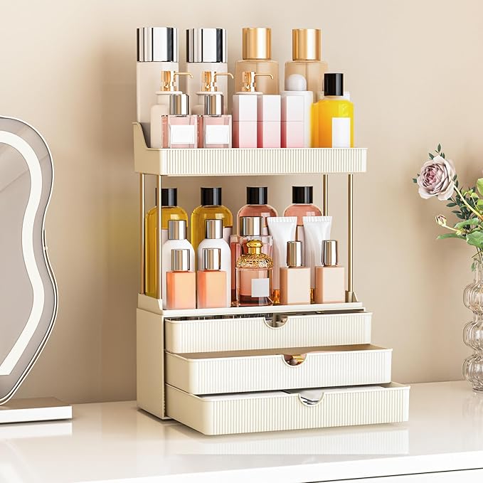 Bathroom Organizers and Storage - 3 Drawers 2 Tier Makeup Organizer, Cosmetic Storage Drawer for Dresser Countertop and Bathroom Vanity for Large Skincare, Perfume, Cream White