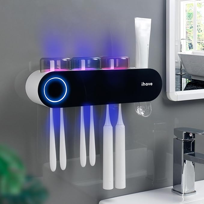 iHave Wall Mounted Electric Toothbrush Holders with 3 Cups, UV Sanitizer, Toothpaste Dispenser, Smart Home Bathroom Accessories & Decor, Black