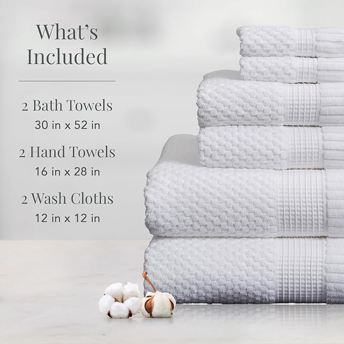 NY Loft 100% Cotton 6 Piece Bath Towel Set | White Towels | Oeko-TEX® Standard 100 | Soft & Absorbent, Quick-Dry | 2 Bath Towels 2 Hand Towels and 2 Washcloths | Trinity Collection - White