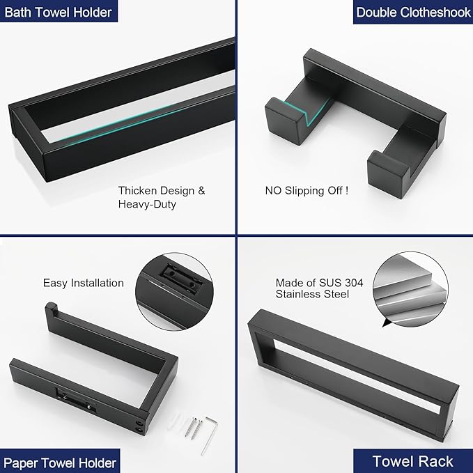 Lairuier 4-Piece Bath Towel Bar Set, Matte Black Bathroom Hardware Set Including Towel Bar,Towel Holder, Toilet Paper Holder, Towel Hook,Stainless Steel Bathroom Hardware Accessories Set