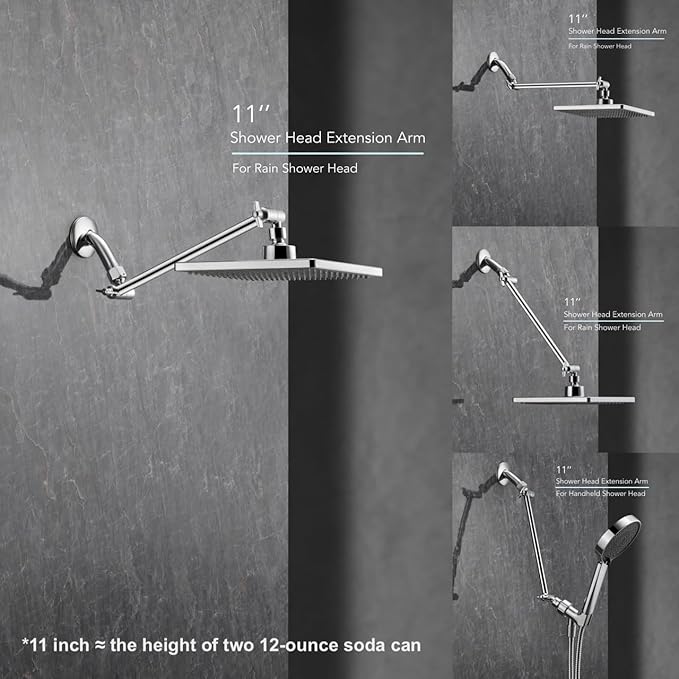 11 Inch Adjustable Shower Head Extension Arm With Locking Set Screw, Singing Rain Solid Brass Chrome Angle Height Adjustable, Easy To Install, G1/2 Universal Connector Compatible (Chrome Finish)