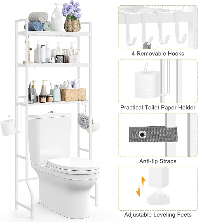 Over The Toilet Storage Rack 3 Tier Over Toilet Bathroom Organizer Wooden Behind The Toilet Storage Standing Shelf with 4 Hooks and Toilet Paper Holder, Space Saver, White