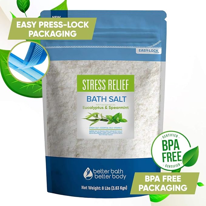 Stress Relief Bath Salt 128 Ounces Epsom Salt with Natural Spearmint and Eucalyptus Essential Oils Plus Vitamin C in BPE Free Pouch with Easy Press-Lock Seal