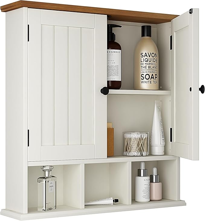 ChooChoo Bathroom Cabinet Wall Mounted 2-Door with 3 Open Shelves， Wooden Medicine Cabinets with Adjustable Shelf，Space Saver Storage Cabinets Over The Toilet for Bathroom&Living Room,White Brown