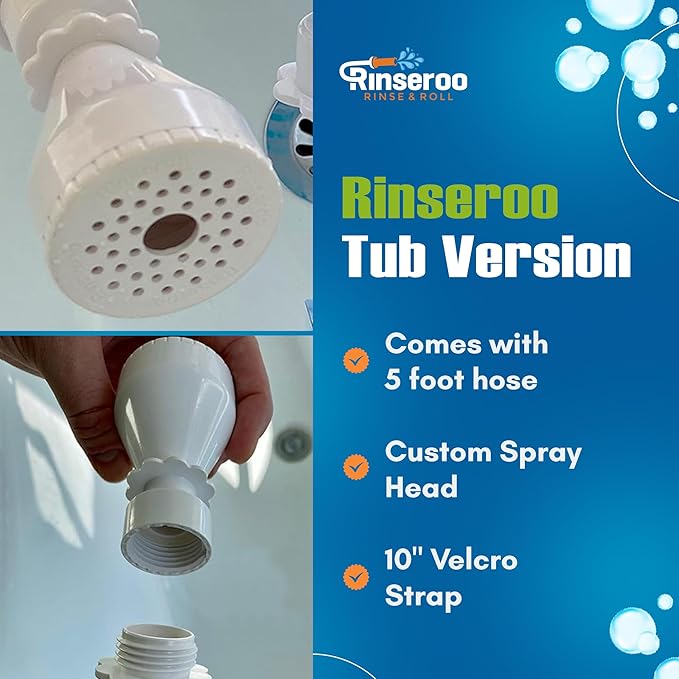 Rinseroo Slip-On Bathtub Faucet Sprayer Attachment. Ultra-Flex Dog Shower Adapter Portable With Pet Showerhead. Attach to Tub Spout 5 Foot Hose. No Install for Speedy Washing