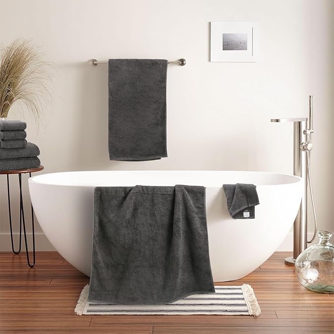 SEMAXE 18-Pack Bath Towel Set Include 6 Bath Towels, 6 Hand Towels, 6 Wash Cloths, 100% Cotton Bathroom Towels with Hanging Loops and Nano-Bio Lifecycle Labels, Soft and Absorbent Towel, Grey