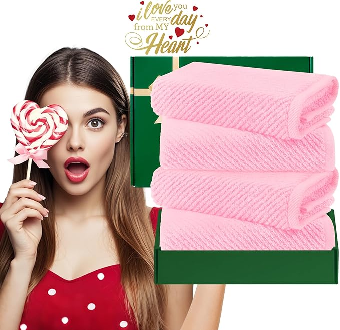 VOOVA & MOVAS Pink Bathroom Hand Towels Set of 4, Large 18" x 28" - 100% Cotton | Quick Dry | Light Weight | Thick | Soft | Absorption, Luxury Hand Towels for Showering, Bathroom Essentials Set