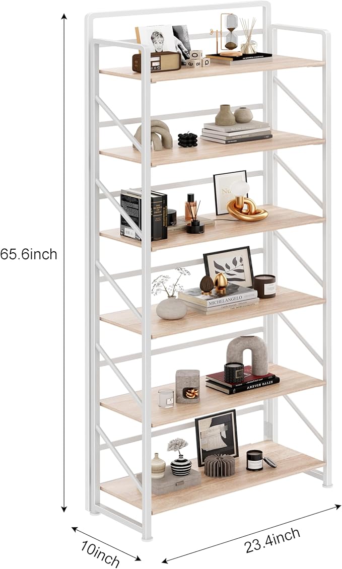 JSB No Assembly Folding Bookshelf, 6 Tier Industrial Metal Book Shelf for Storage, Vintage Wood Foldable Bookcase for Living Room, Bedroom, Office Organization Shelves
