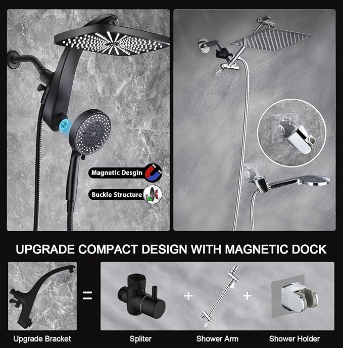 High Pressure Rain Shower Head: Upgrade Shower Heads with Handheld Spray Combo with Fixed Showerhead and 10 Sprays Handheld Shower Head, Detachable Showerheads Built-in Magnetic Docking and Power Jets