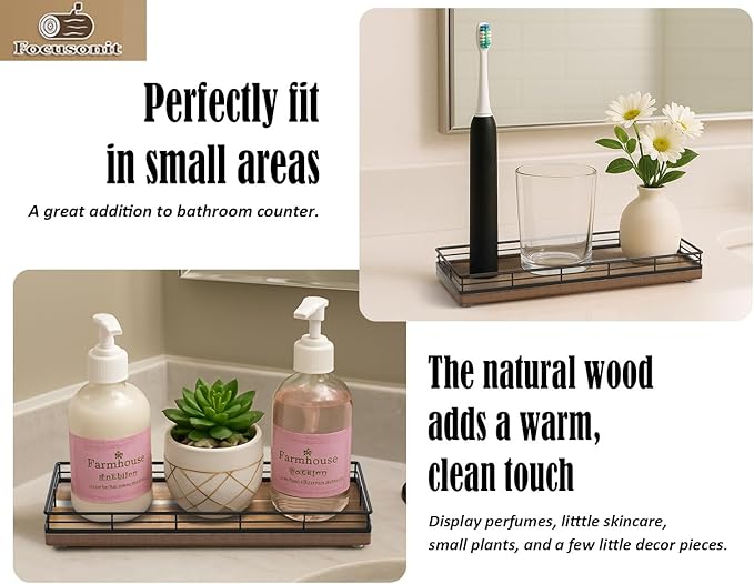 Acacia Wood Bathroom Vanity Tray, 11" L Small Countertop Tray for Dresser, Table, Kitchen Counter, Coffee Bar