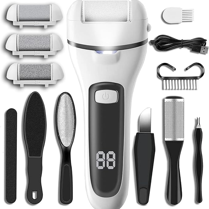 Callus Remover for Feet Electric Foot File, 13-in-1 Professional Pedicure Tools Foot Care Kit, Foot Scrubber Pedi for Hard Cracked Dry Dead Skin, 3 Rollers, 2 Speed, Battery Display (White&Grey)