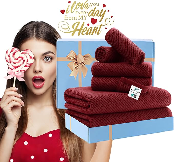 VOOVA & MOVAS Burgundy Towel Set - 100% Cotton | Lightweight | Soft | Quick Dry, 6 Piece Towel Set,2 Large Bath 30"x56", 2 Hand 18"x28", 2 Washcloths 13"x13", Towels Gift Set, Red Towels