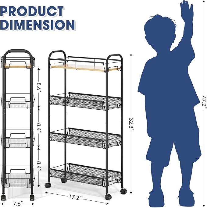 TOOLF 4-Tier Slim Rolling Cart, Metal Utility Cart, Slide Out Storage Cart with Wooden Tabletop and Mesh Baskets for Narrow Space on Kitchen Bathroom Laundry Room Bedroom Apartments Dormitory