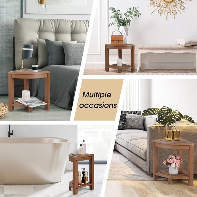 HDPE Corner Shower Stool,Shower Bench Seat with Storage Shelf for Shaving Legs Plastic Spa Bath Step Foot Rest for Bathroom Small Place (Teak)