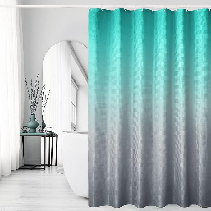 Gibelle Ombre Shower Curtain, Teal Grey Gradient Fabric Shower Curtain, Waffle Weave Textured Bathroom Curtains Shower Set with Hooks, Water Repellent and Machine Washable, 72 x 72