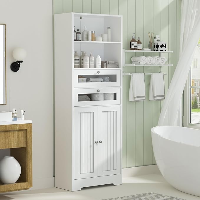 MU 67" Tall Bathroom Storage Cabinets, Modern Linen Cabinet with Doors & Shelves & Drawer, Tall Freestanding Storage Cabinet for Bathroom, Living Room, Kitchen, Pantry, White