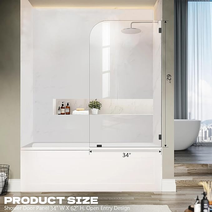 Bathtub Shower Door, 34" W X 62" H Fixed Tub Glass Panel with Clamps, 1/4"(6mm) Clear Tempered Frameless Shower Glass Door, Tub Shower Doors in Matte Black
