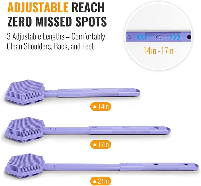 Silicone Back Scrubber for Shower – 21in Extendable Shower Brush with Long Handle – Dual-Sided Back Brush with Non-Slip Grip, Gentle Cleansing & Exfoliation for Men, Women, Elderly (Purple)