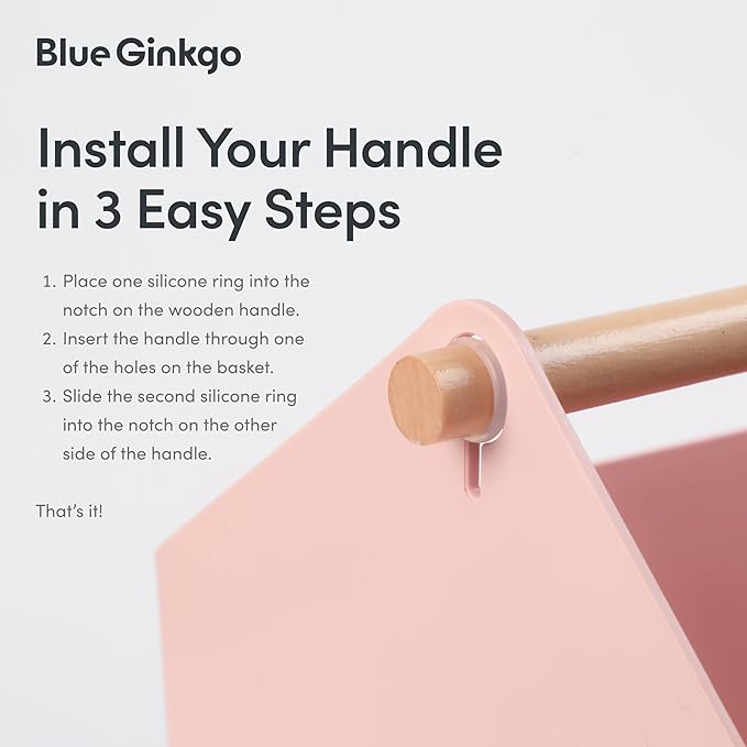 BLUE GINKGO Large Storage Basket – Plastic Caddy with Wooden Handle for Bathroom, Pantry, or Cleaning Supplies (Pink)