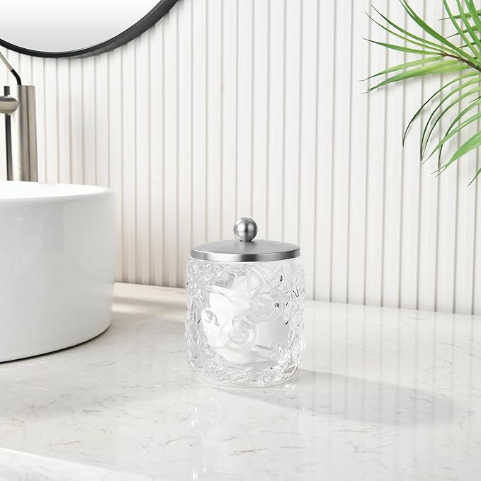 Clear Transparent Apothecary Floral Embossed Glass Jar With Satin Nickel Metal Lid Cover for Bathroom Organization, Cotton Balls, Q Tips, and Small Accessories, Bathroom Storage