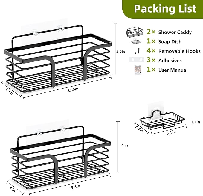 Shower Caddy, Adhesive Shower Organizer with Soap Dish and 4 Hooks, Rustproof Stainless Steel Shower Shelves, Wall Mounted No Drilling Storage Shelf Basket Accessories for Bathroom & Kitchen