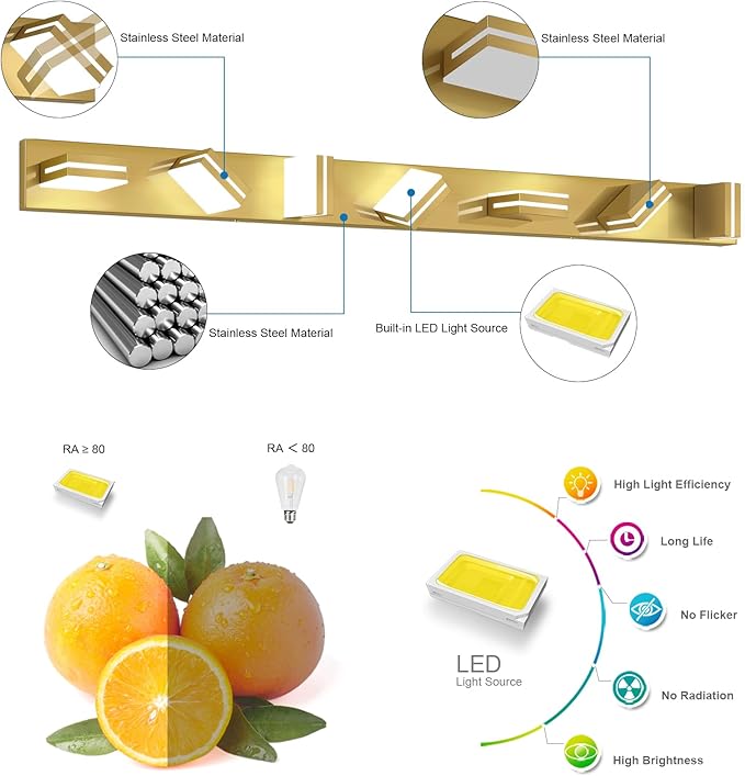 SineRise LED Modern Bathroom Vanity Light Fixtures (7-Light, 55-Inch), Brass Modern Acrylic Bathroom Wall Lighting Fixtures Over Mirror (Cool White 6000K)