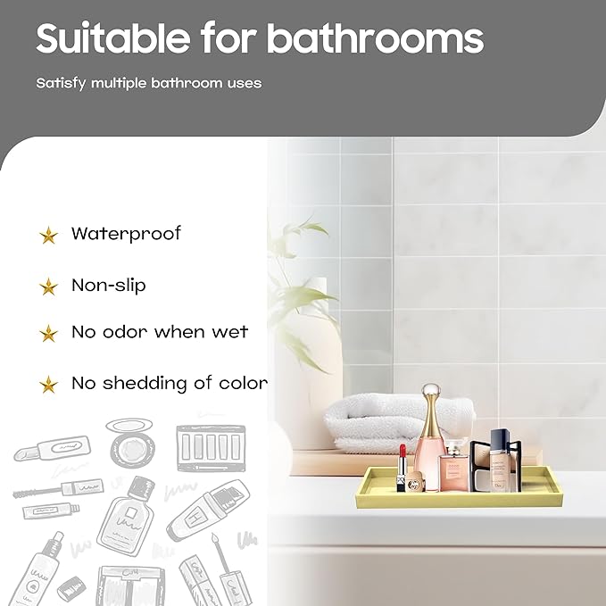 Vanity and Bathroom Tray, 9.8" ABS Countertop Organizer,Waterproof Vanity Tray for Toilet Tank,Perfume,Soap,Keys,Bathroom Accessories,Kitchen and Bath Trays,Non Slip Small Trays,Gold