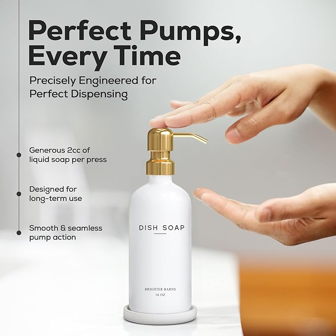 Luxury Glass Dish Soap Dispenser for Kitchen Sink by Brighter Barns - Modern Kitchen Soap Dispenser Set - Refillable Glass Pump Bottle and Tray - White and Gold Home Decor and Accessories, Gift (Gold)