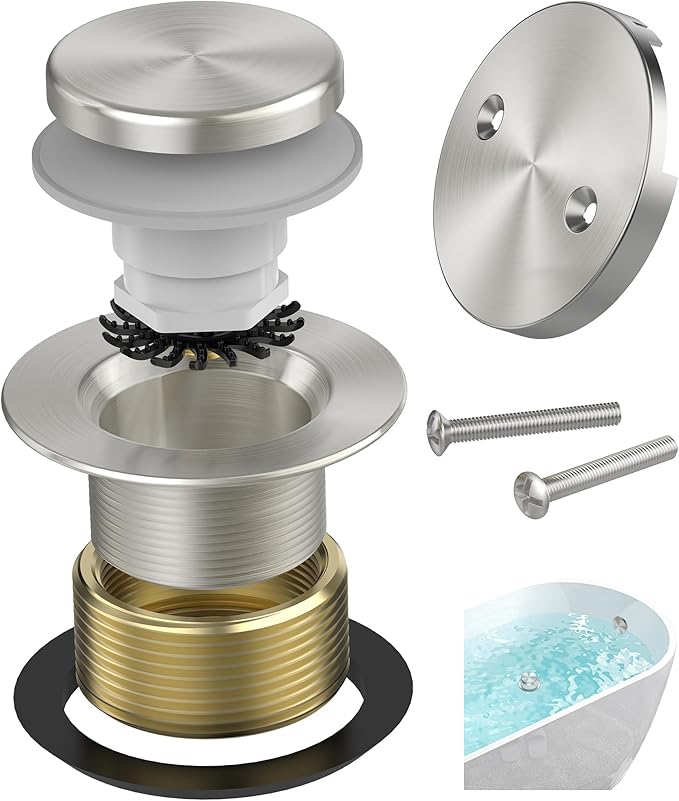 Brushed Nickel Tub Drain Kit with Hair Catcher, Premium Brass Tip-Toe Bathroom Tub Drain Replacement and 2-Hole Overflow Faceplate, 11.5/16 UNC Bathtub Drain Stopper Assembly