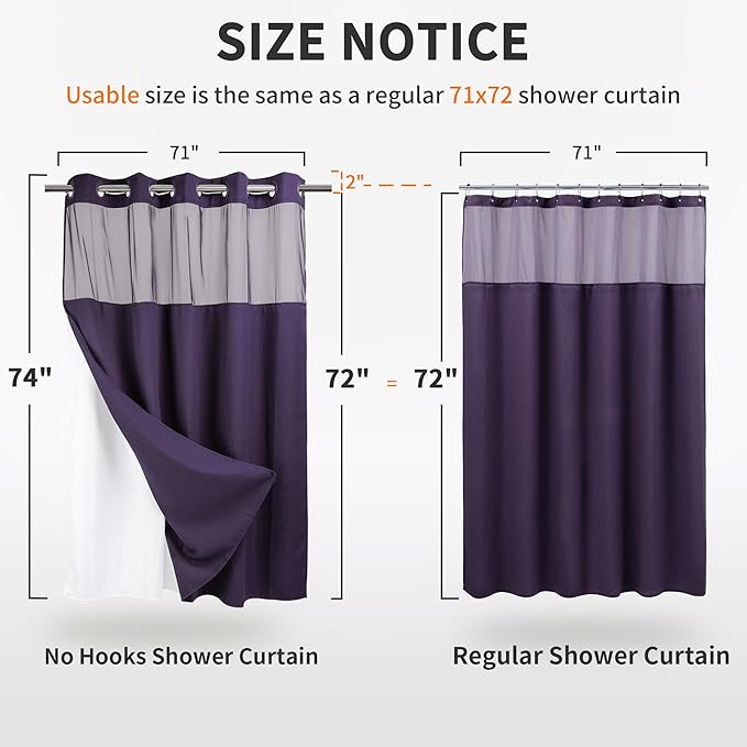 River Dream Heavyweight No Hooks Required Dotted Waffle Weave Shower Curtain with Snap in Liner - 71W x 74H,Hotel Grade,Spa Like Bath Curtain,Regal Purple