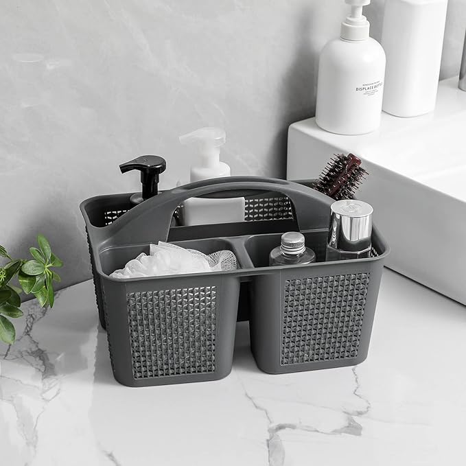 UUJOLY Plastic Portable Shower Caddy Bucket, Cleaning Shower Basket with Handle Compartments Storage Organizer for Bathroom Kitchen College Dorm Sink, Dark Grey