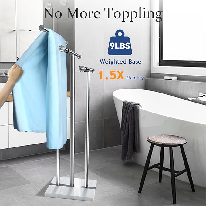 Kayfia 40" Standing Towel Rack with Weighted Marble Base, Width Adjustable & Taller Bathroom Towel Rack Stand, 3-Tier Towel Racks for Bathroom, Multiple Spaces Stainless Steel Brushed Finish