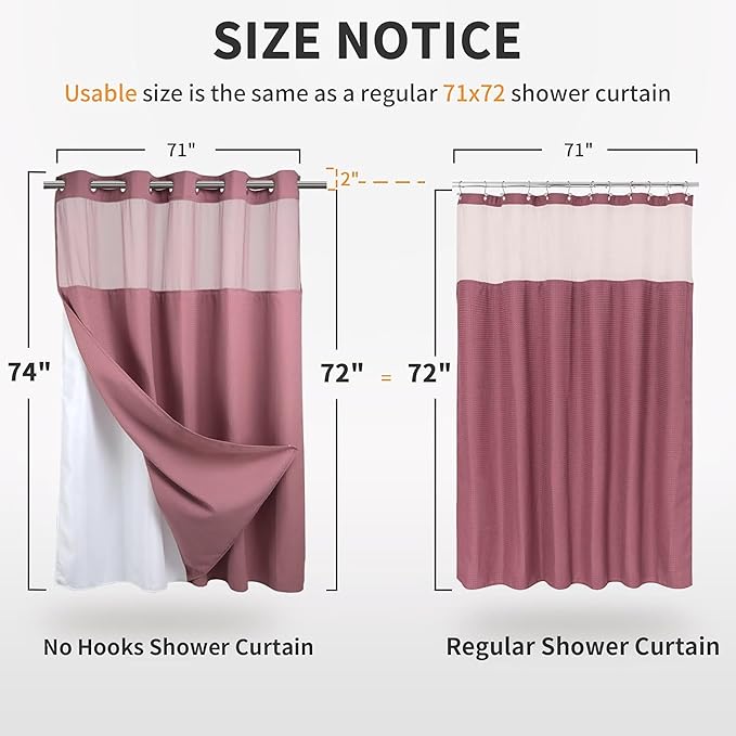 River Dream Heavyweight No Hooks Required Dotted Waffle Weave Shower Curtain with Snap in Liner - 71W x 74H,Hotel Grade,Spa Like Bath Curtain,Pale Mauve