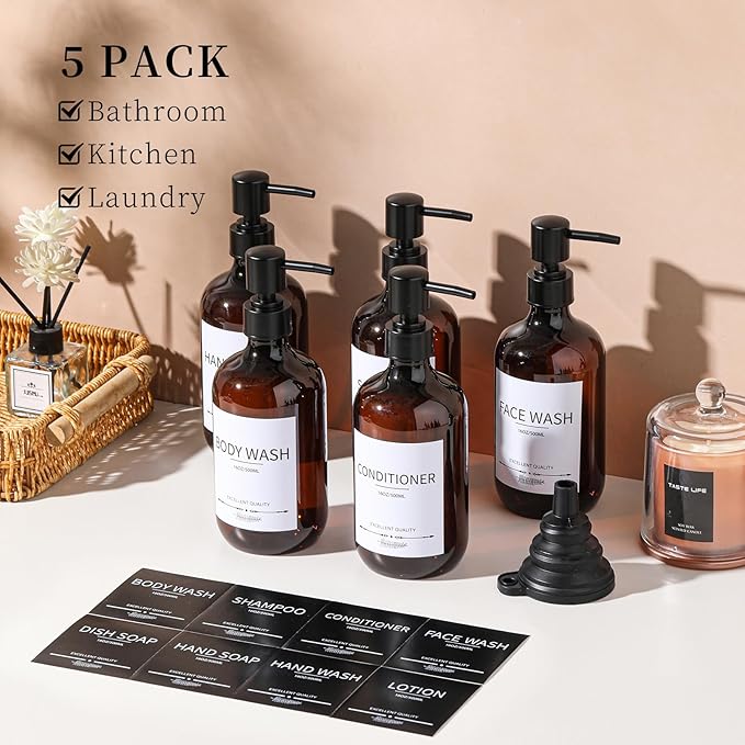 Shampoo and Conditioner Bottles(5Pack),Shampoo Dispenser for Shower,Bottles Refillable with Pump,Bathroom Dispenser Sets(Amber)