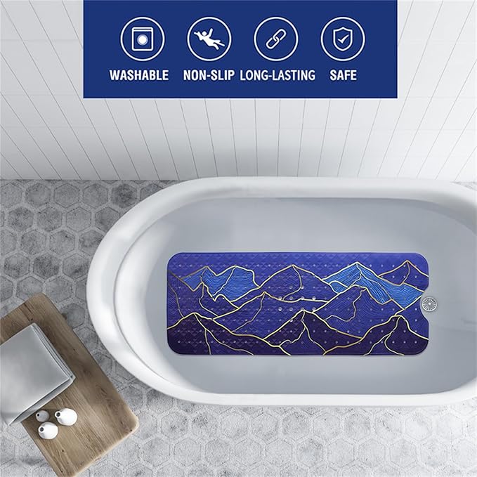 Mountain Bathtub Mat Non Slip 40x16in Gold Line Extra Long Bath Mat for Tub Bohemian Abstract Art Anti Slip Shower Mat for Bathroom with Large Drain Holes and Suction Cups Quality Bath Mats Decor