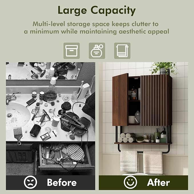 RUSTOWN Fluted Bathroom Wall Cabinet with 2 Doors, 3-Tier Modern Farmhouse Medicine Cabinet, Over The Toilet Storage Cabinet with Adjustable Shelf and Towel Bar (Dark Walnut, Medium)