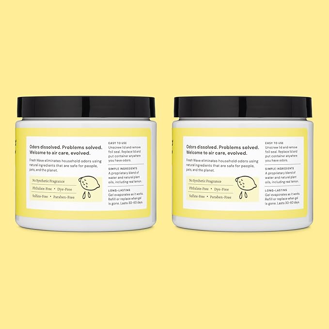 Fresh Wave Lemon Odor Removing Gel, 15 oz., Pack of 2 - Safer Odor Absorbers for Home, Natural Plant-Based Odor Eliminator, Every 15 oz. lasts 30-60 Days, For Cooking, Trash & Pets