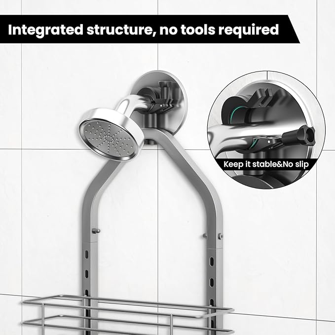 Shower Caddy Hanging (Silver), Adjustable Anti-Swing-Over The Shower Head Caddy, 4 Tier Height Bathroom Storage Organizer Bathroom Shelves Basket Rack Shower Caddies (4Tier)