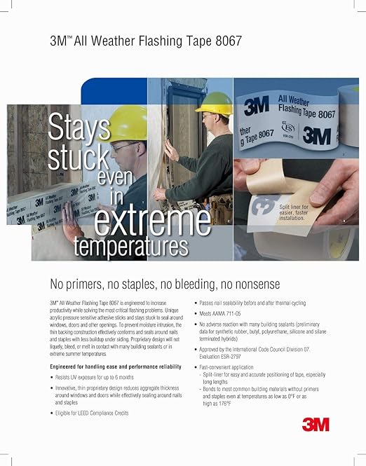 3M All Weather Flashing Tape 8067, 6 in x 75 ft, 1 Roll, Adhesive Backed Split Liner, Prevents Moisture Intrusion, Waterproof Flashing Seals Doors, Windows, Openings in Wood Frame Construction