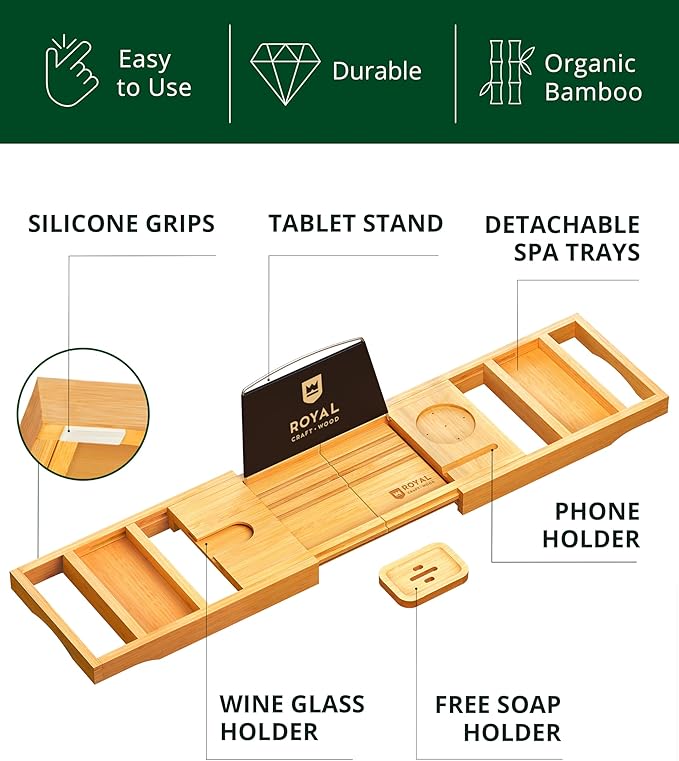 ROYAL CRAFT WOOD Bathtub Tray Caddy for Tub, Bamboo Bath Shelf, Premium Foldable Wood Bath Table, Expandable Bathtub & Bathroom Accessories, New Home Gifts for Mom, Housewarming, Anniversary, Wedding