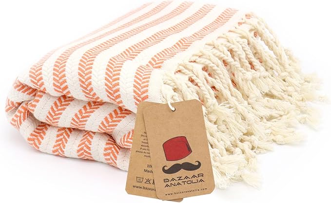 Bazaar Anatolia Turkish Beach Towel – 100% Cotton, Quick Dry, Sand Free Fall Decor Towel for Bathroom and Camping – Oversized 71x39 Inches – Arpa Orange