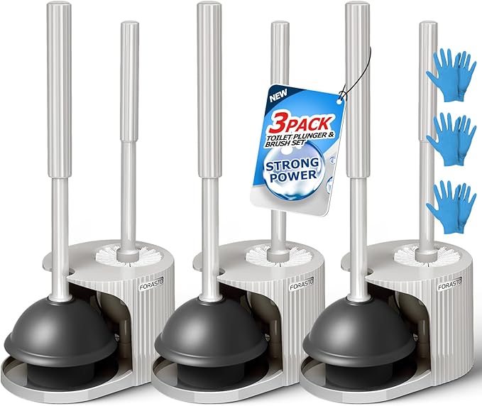 3Pack 2 in 1 Toilet Brush and Plunger Set, Extended Handle Plunger,Toilet Bowl Brush Plunger Set,Bathroom Cleaning Tools,Toilet Brush Plunger Combo,Cleaning Brush,Cleaning Supplies, Light gray
