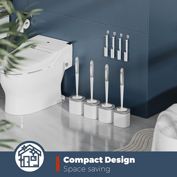 Toilet Brush, 4 Pack Toilet Brush and Holder Set Bathroom Accessories, Toilet Bowl Brush and Holder with 4 Crevice Brush for Bathroom, Toilet Scrubber Brush, White
