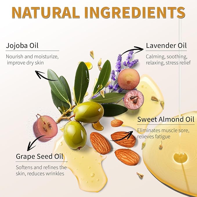Aromatherapy Lavender Massage Oil for Calming, Soothing & Relaxing, Natural Body Massage Oil for Massage Therapy with Jojoba & Sweet Almond, No Stain & Non-Sticky, Spa Gift for Her Him