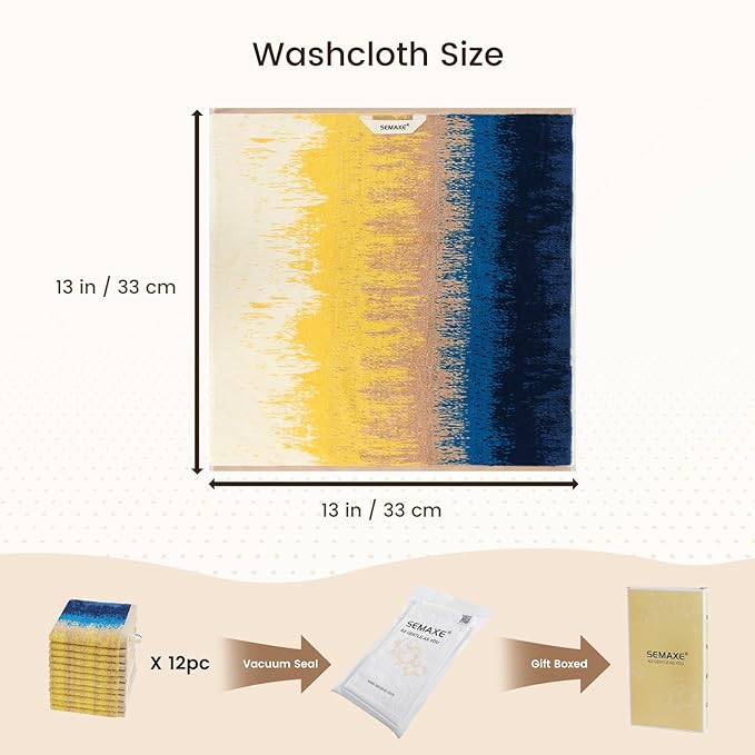 SEMAXE 100% Cotton Washcloths 12-Pack, 13 × 13 Inch Soft Luxury Face Towels – Super Absorbent & Quick-Dry, Premium Cloth with Hanging Loop, Oeko-TEX Certified, Gift-Ready Box